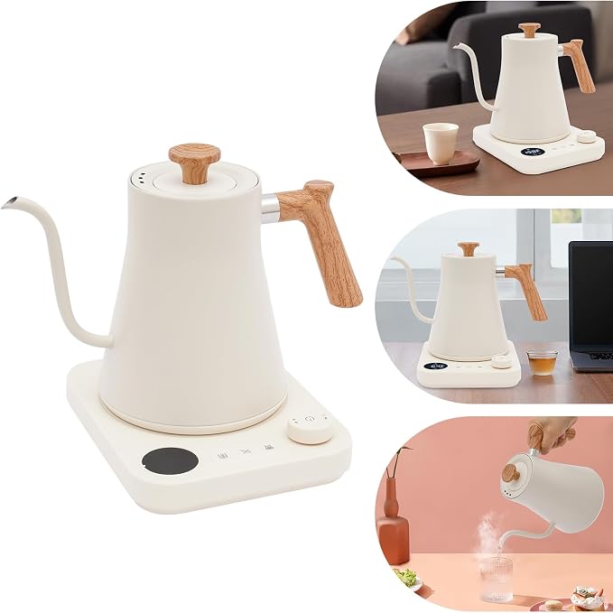 Electric Gooseneck Kettle, 1200W Fast Heat Electric Hot Water Pot with ±1℉ Precise Temperature Control, 304 Stainless Steel Tea Kettle with Long Power Cable, 24H Keep Warm, 30-Min Auto Memory (White)