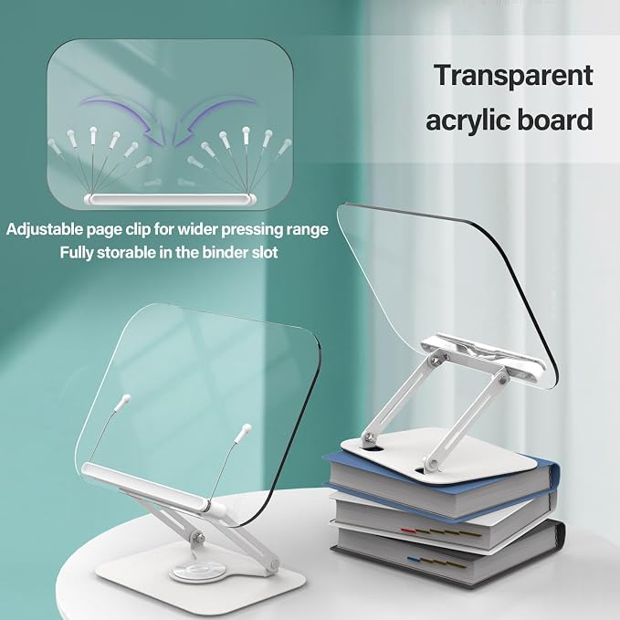 BYMECOST Acrylic Book Stand for Reading, Adjustable Book Holder with 360° Rotating Base & Elastic Page Clips, Foldable Desktop Riser Stand for Cookbook,Laptop,Tablet,Music Scores,Recipe,Textbook