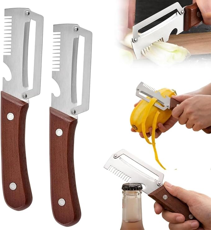 Multifunctional Stainless Steel Vegetable Peeler with Wooden Handle, Julienne Cutter & Bottle Opener for Potato, Apple, Carrot, Fruit and Veggie Prep (2PCS)
