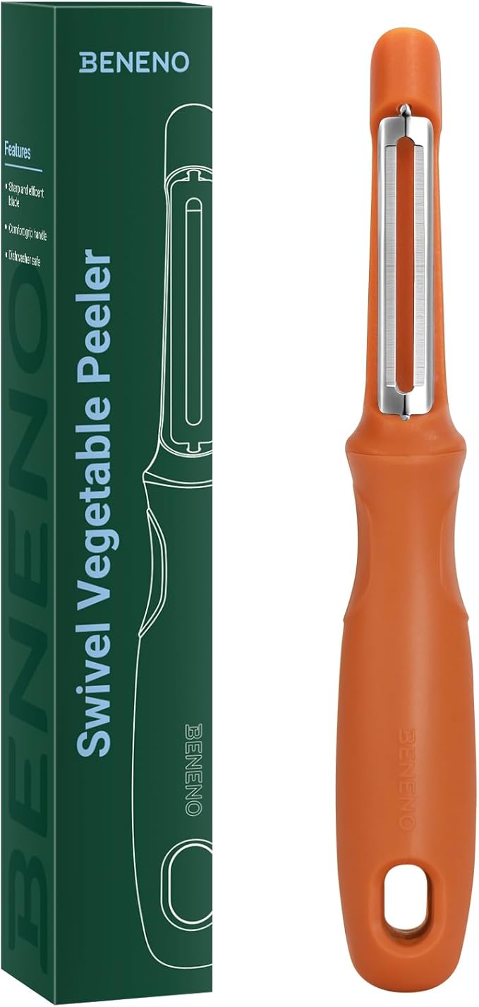 Beneno Swivel Vegetable Peeler, Razor-Sharp Smooth Peeling Potato Peelers with Stainless Steel Blades, Ergonomic Comfort Non-Slip Rubber Handle, Durable Kitchen Peelers with Potato Eye Remover, Orange