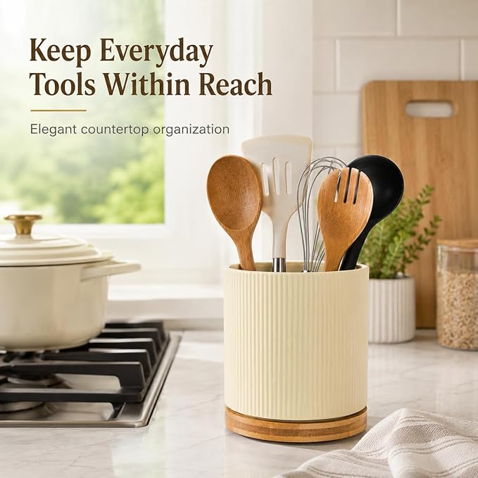 QUELIEN Utensil Holder, 360° Rotating Ceramic Kitchen Utensil Holder for Countertop, 7.7" Utensil Crock for Kitchen Counter with Rotatable Wooden Base,Ideal Housewarming Gift & Mothers Day Gift