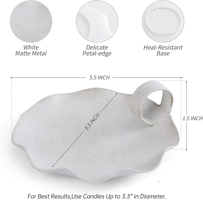 Candle Holders for Pillar Candles, 5.5" Overall Width Vintage Metal Plate Holder with Handle, Fits Candles up to 3.3" Diameter & Flameless, Distressed White (Candles Not Included)