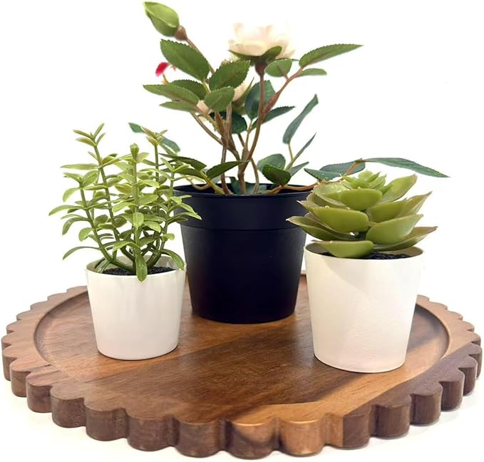 Small Wooden Decorative Tray,10 Inch Round Acacia Scalloped Tray for Coffee Table Decor,Bandeja de Madera para Decoración for Kitchen, Dining Room, Living Room and Home Decor