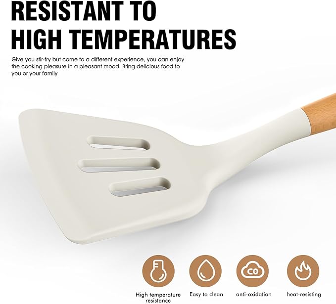 AVGPD Silicone Cooking Utensils Set, Silicone Utensils for Cooking, 446° Heat Resistant Kitchen Utensil Silicone Spatula Sets, Kitchen Gadgets for Non-Stick Cookware BPA FREE (Cream White)