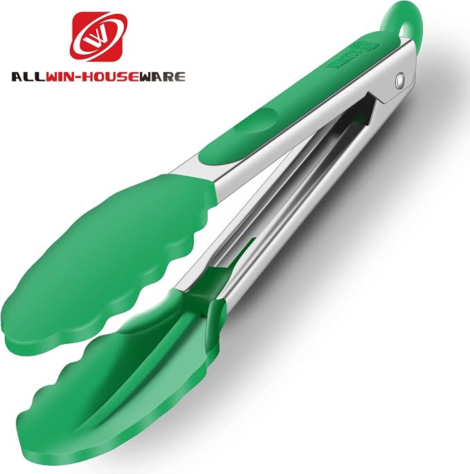 2 Pack Silicone Kitchen Tongs – 9" & 12" Set, Heat Resistant up to 500°F, Non‑Stick Cookware Safe, Wavy Silicone Tips, BPA Free, Locking Clip & Hanging Loop, Turquoise