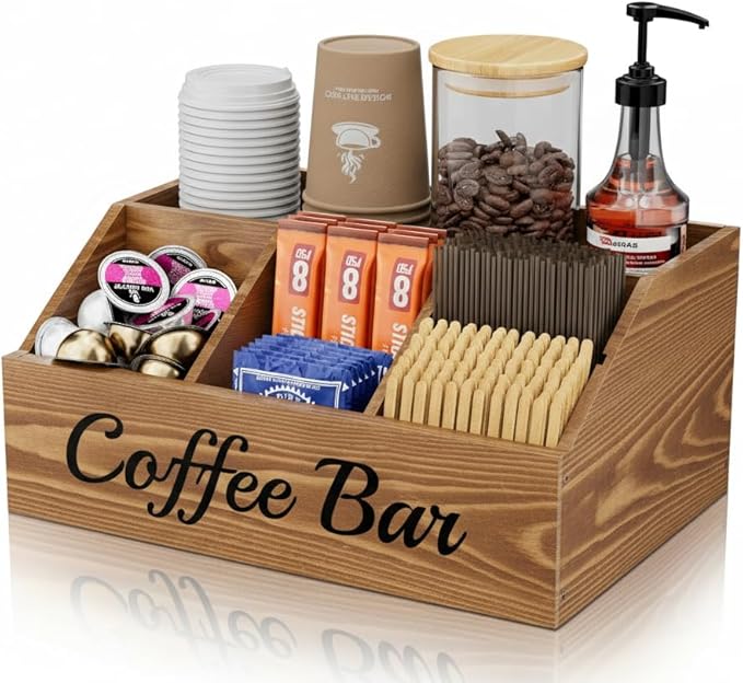 Coffee Station Organizer for Countertop – Wooden Coffee Bar Organizer with Adjustable Dividers,Holds K Cup Pod & syrup bottles, for Kitchen, Office, or Bar and Tea Station, Brown