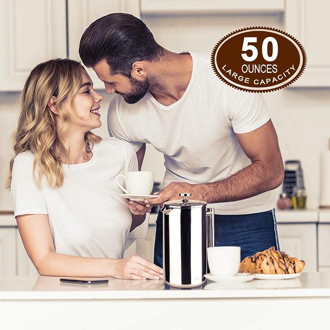 Secura French Press Coffee Maker, 304 Grade Stainless Steel Insulated Coffee Press with 2 Extra Screens, 50oz (1.5 Litre), Silver (Pack of 2)