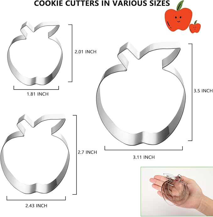 3 Piece Apple Cookie Cutter Set - 3.5", 2.7", 2" Fruit Cookie Cutters Shapes, Stainless Steel Biscake Cutter for Fall Thanksgiving