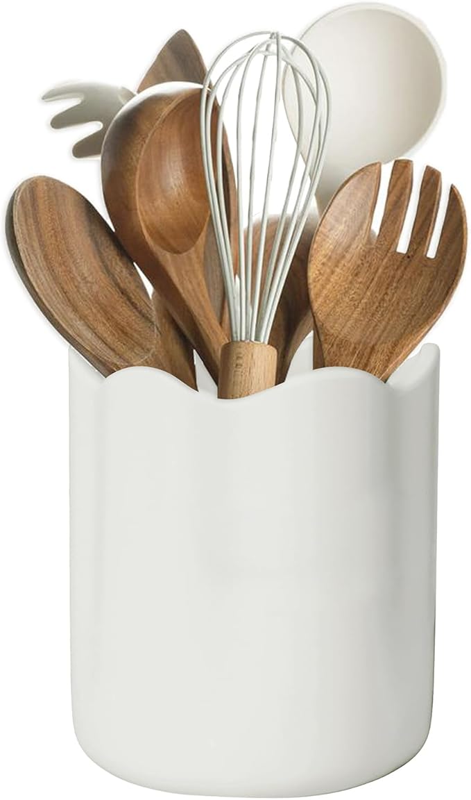 Ceramic Utensil Holder for Kitchen Counter, 6.2" Large Kitchen Utensil Holder for Countertop with Cork Bottom, Cooking Tool Organizer for Spatula, Matte White
