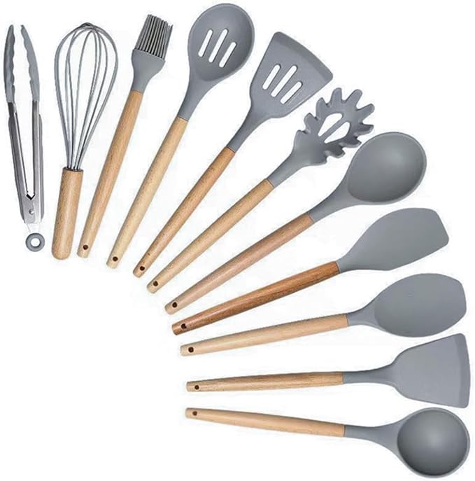19-Piece Kitchen Utensil & Knife Block Set: 12 Non-Stick, Heat-Resistant Silicone Cooking Utensils (Spatula, Tongs, Ladle, Scissors) + 5 Sharp Kitchen Knives & Cutting Board (Gray)
