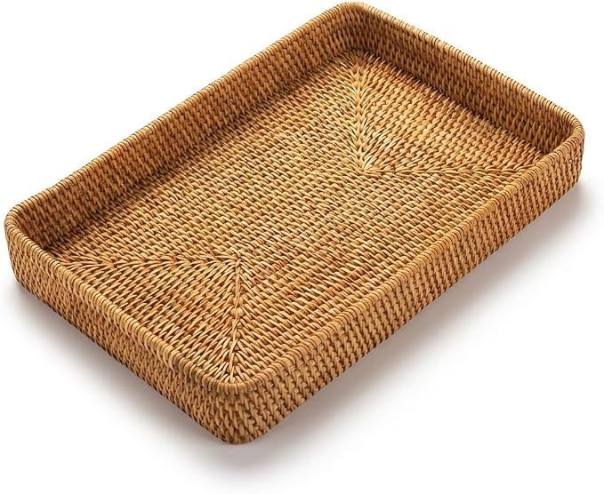 14.6" x 9.1" Large Wicker Storage Tray, Natural Rattan Basket Decorative Handwoven Rectangular Basket for Bread, Fruit, Toiletries,Towels & Home Organization (Natural M)