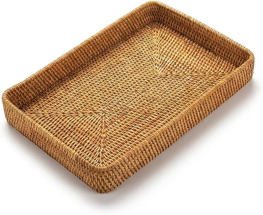 14.6" x 9.1" Large Wicker Storage Tray, Natural Rattan Basket Decorative Handwoven Rectangular Basket for Bread, Fruit, Toiletries,Towels & Home Organization (Natural M)