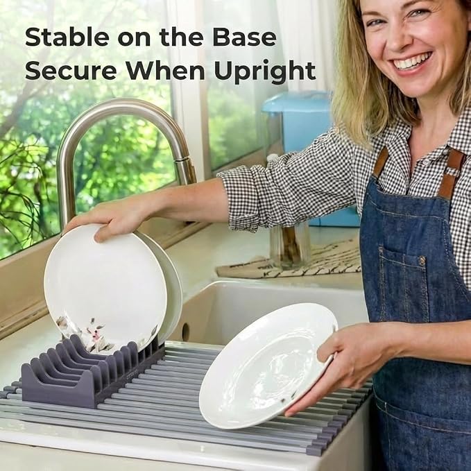 Large Aluminum Roll Up Dish Drying Rack (20.5" x 13") -Fits Sink Openings up to 19.5 Inches, Heavy Duty Square Bar, Rust-Proof & Heat Resistant with Removable Dish Holder (Purple Gray Large)