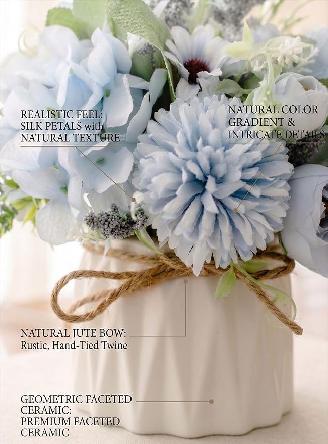 TKAS Artificial Faux Silk Fake Flowers Arrangement, Small Realistic Roses & Hydrangea in Ceramic Vase, Dining Table Centerpiece for Wedding Party Home Decoration (Blue)