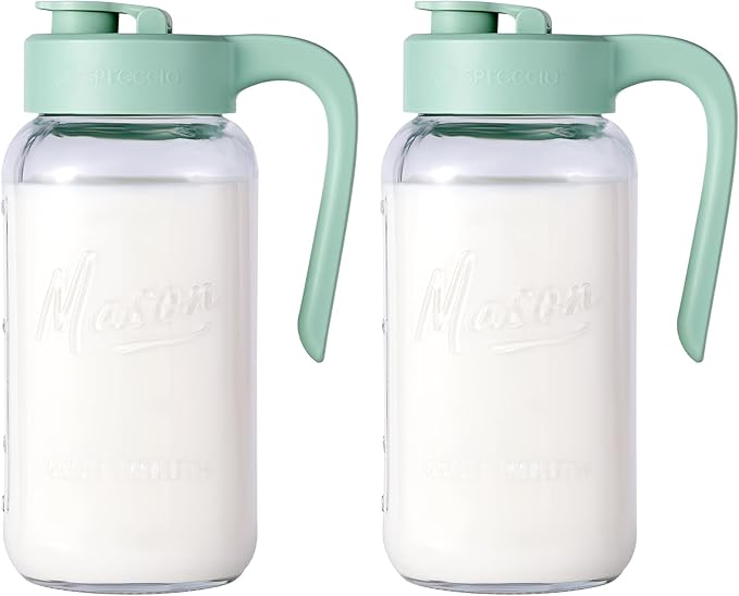 Mason Jar Pitcher - Airtight & Leakproof Glass Pitcher with Lid, Perfect for Breastmilk, Cold Brew, and Sun Tea, 2 Quart (64 oz) Mason Jar with Pour Spout Lid