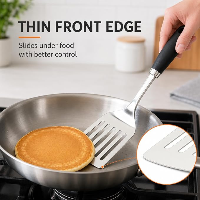 Stainless Steel Slotted Turner Spatula, Metal Spatula for Cast Iron & Stainless Steel Pans, Thin Edge Kitchen Turner for Eggs, Pancakes, Burgers, Dishwasher Safe