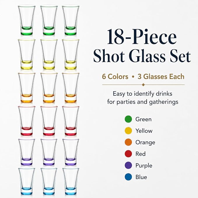 18 Pack Shot Glasses,2 oz Colorful Shot Glass with Heavy Base,Shot Cups for Whiskey,Vodka,Espresso - Durable Tequila Glasses for Home, Bars & Parties