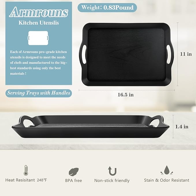 Black Serving Trays with Handles, 16 x 11 inch Rectangular Non Skid Multi-Purpose Plastic OttomanTray for Restaurant, Parties, Coffee Table, Kitchen