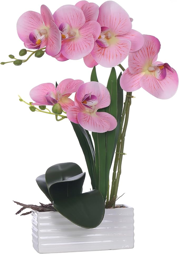 Artificial Real Touch Orchid Flowers in Pot Fake Phalaenopsis Flower with White Ceramic Vase Faux Orchids Arrangement for Home Table Office Wedding Party Decoration (Pink)