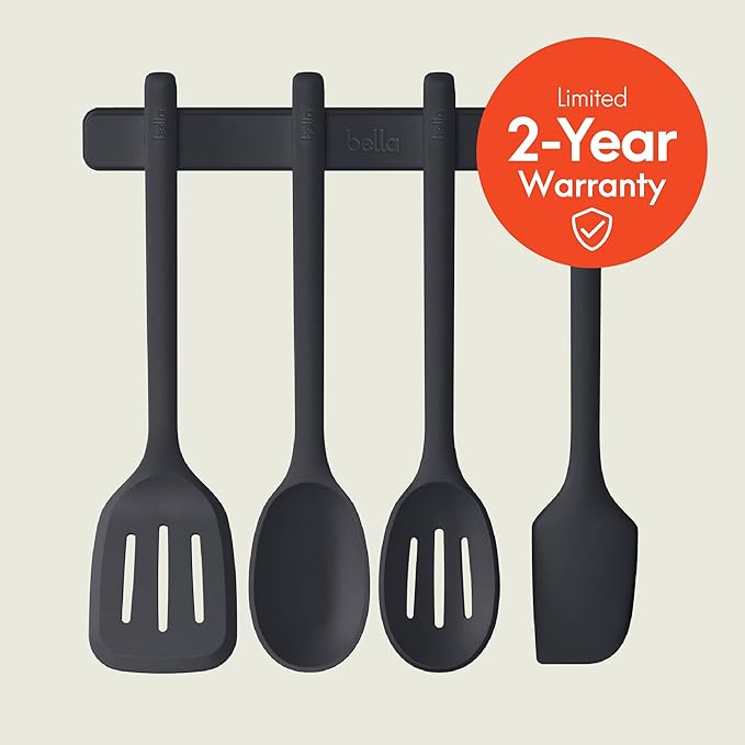 bella 5-Piece Kitchen Tool Set with Magnetic Rack, Silicone, Turner, Spoon, Slotted Spoon, Spatula, Utensil Holder, Magnetic Holder, Non-toxic*, Food-grade, Heat safe to 425°F, Dishwasher Safe, Slate