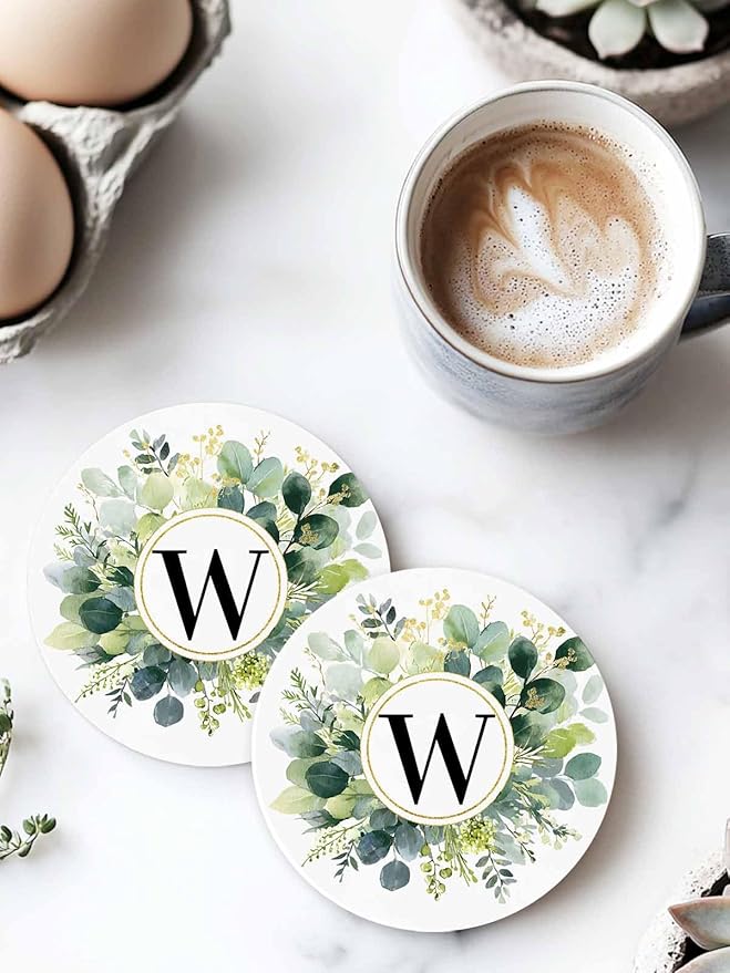 Coasters Set of 4 Letter W Drink Coasters with Holder Absorbent Stone Ceramic Cup Mat Alphabet Green Eucalyptus Leaves Coaster for Drinks Coffee Bar Office Kitchen Cafe Home Decor