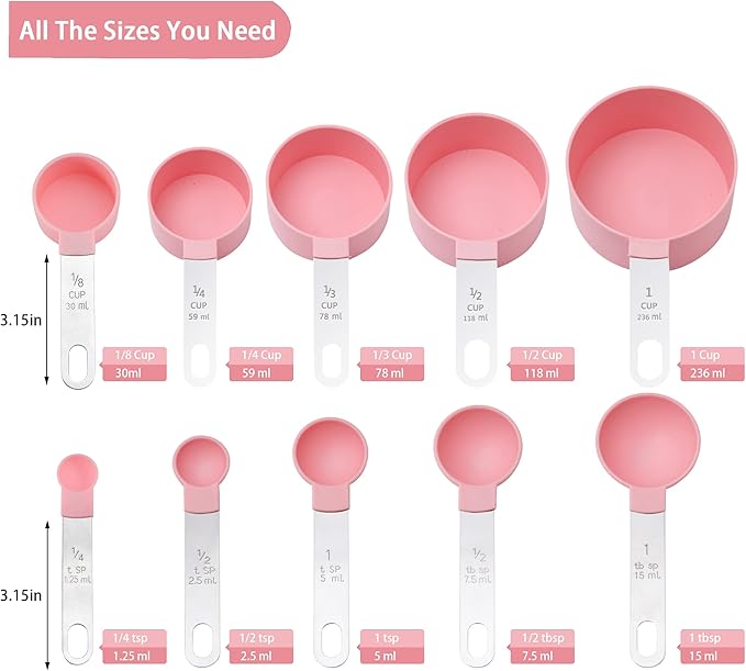 Measuring Cups and Spoons Set of Huygens Kitchen Gadgets 10 Pieces, Stackable Stainless Steel Handle Measuring Cups for Measuring Dry and Liquid Ingredient (Pink)