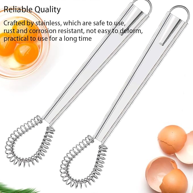 Stainless Steel Mini Whisk Set 2 Pack, Spring Coil Flat Egg Beater, Kitchen Cookware Milk Frother Hand Mixer For Cooking, 8 inch