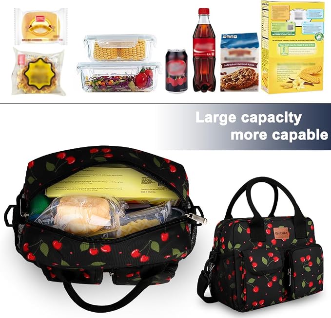 BALORAY Lunch Bag for Women Men Insulated Lunch Box for Adult Reusable Lunch Tote Bag for Work, Picnic or Travel (Cherry with strap,L)