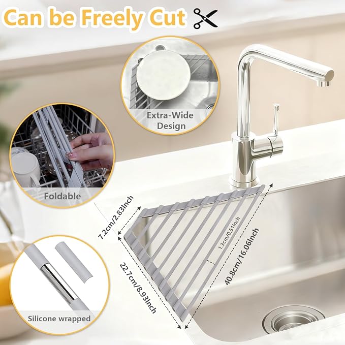 Credon Triangle Roll Up Dish Drying Rack Over The Sink, Triangular Sink Rack, Sink Corner Foldable Silicone Coated Stainless, Anti-Slip Organizer for Kitchen, Heat-Resistant, Non-Slip (Grey)
