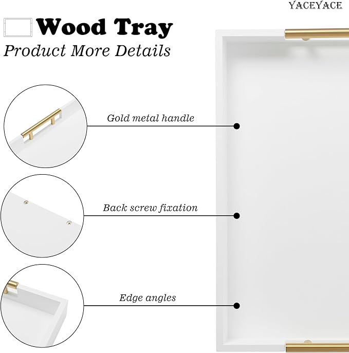 White Serving Tray with Metal Handles, 15.75" x 11.8" x 1.7" Wood Serving Tray for Ottoman Coffee Table, Kitchen Counter, Food, Bathroom