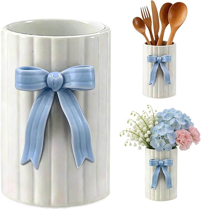 Handmade Blue Bow Ceramic Utensil Holder, 3D Coquette Cooking Utensil Crock for Kitchen Counter, Preppy Storage Caddy Organizer Vase Decor for Kitchen Countertop