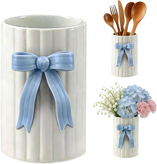 Handmade Blue Bow Ceramic Utensil Holder, 3D Coquette Cooking Utensil Crock for Kitchen Counter, Preppy Storage Caddy Organizer Vase Decor for Kitchen Countertop