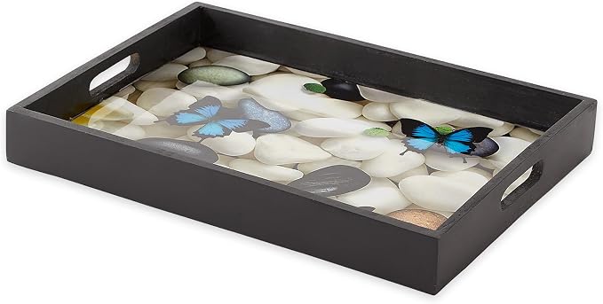 Zingz & Thingz Butterfly Garden Collection Wooden Serving Tray, Black, 16x12x2