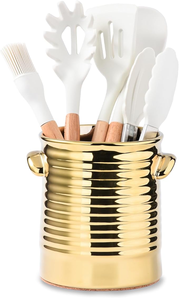 Gold Utensil Holder for Countertop, 6.4" Ceramic Utensil Holder for Kitchen Counter, Large Embossed Cooking Utensil Crocks for Kitchen Decor, Utensil Organizer with Cork Bottom for Housewarming Gifts