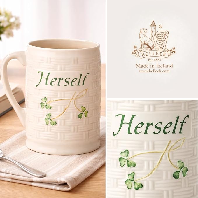 Belleek Classic Herself 12 oz Irish Coffee Mug, Handcrafted Microwave Safe Parian China Cup, Shamrock Decor, White