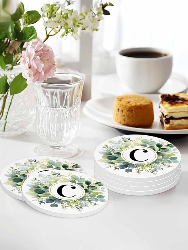 Coasters Set of 6 Letter C Drink Coasters with Holder Absorbent Stone Ceramic Cup Mat Alphabet Green Eucalyptus Leaves Coaster for Drinks Coffee Bar Office Kitchen Cafe Home Decor