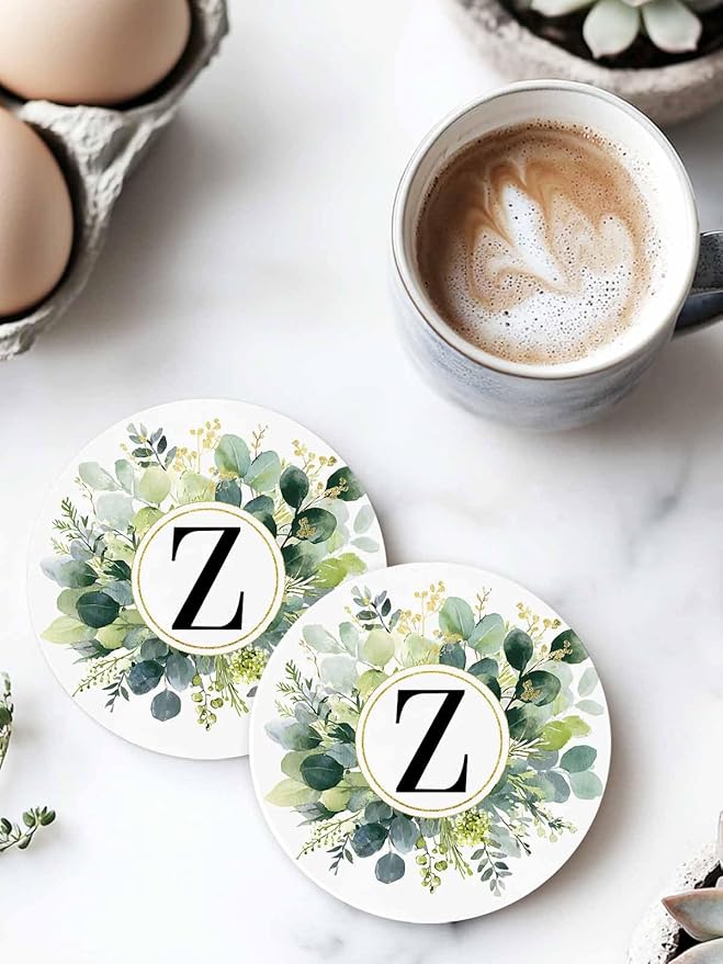 Coasters Set of 4 Letter Z Drink Coasters with Holder Absorbent Stone Ceramic Cup Mat Alphabet Green Eucalyptus Leaves Coaster for Drinks Coffee Bar Office Kitchen Cafe Home Decor