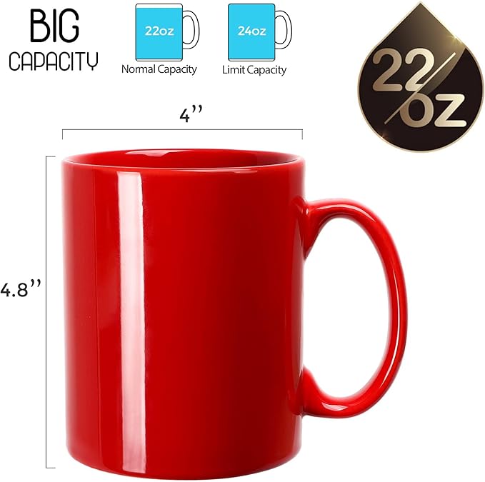 Large Coffee Mugs, 22 OZ(650ml) Extra Coffee Mug Set of 2, Smooth Ceramic Boss Cups, Big Capacity and Large Handle, for Dad Men, Red