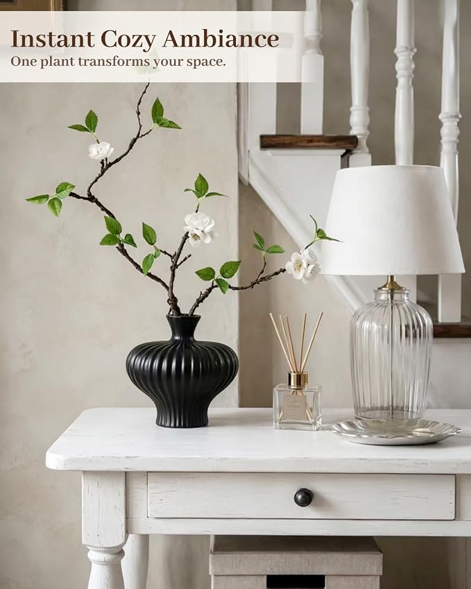 22'' Budded Faux Stem with Vase, 1pcs Artificial Greenery Plant for Centerpiece Table Decorations, Fake Branches in Vase for Farmhouse Living Room Bathroom Office Kitchen Decor - Black