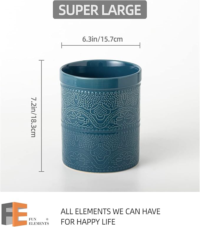 Fun Elements Kitchen Utensil Holder, 7.2" Super Large Utensil Crock Heavy and Stable Lace Emboss Ceramic Utensil Holder for Kitchen Counter (Grayish Blue)