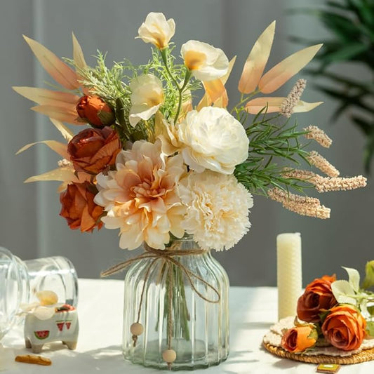 LESING Dahlia Flower Aritificial Flower with Vase Fake Silk Flowers in Glass Vase Faux Rose Flowers Arrangement for Home Office Table Centerpiece Decoration (Champagne)