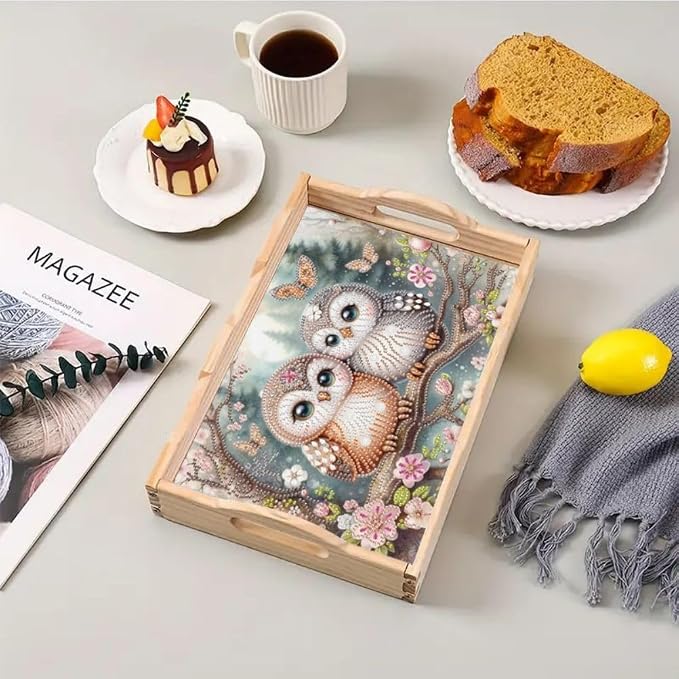 DIY Diamond Serving Tray Rectangular Breakfast Tray with Handle Handmade Diamond Art Painting Wooden Tray for Dinner Plate Coffee Room Living Home Organizer-Owl02