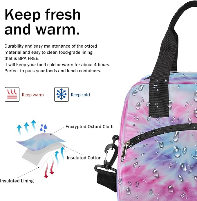 Tie Dye Pink Insulated Lunch Bags for Women Girls Adult Ethnic Reusable Lunch Tote Therma Cooler Bag with Shoulder Strap Lunch Box for School Work Office Picnic Meal Prep Bag