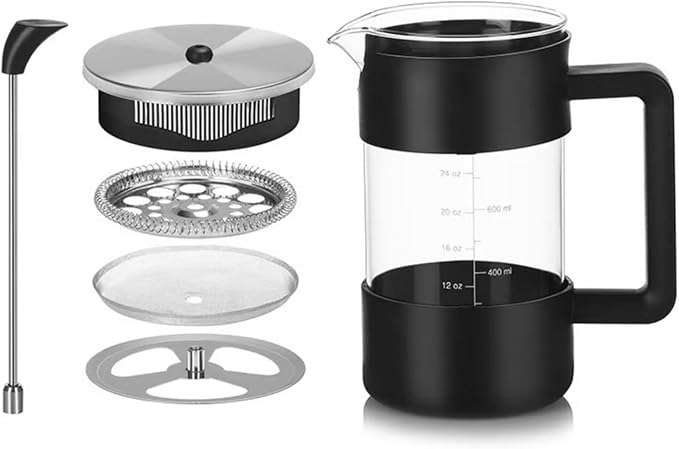 Glass French Press 34oz, Plastic-Free Carafe with Insulated Shell | Easy-Read Measurements, No-Drip Spout, Ergonomic Handle, Brews Hot Coffee, Tea & Cold Brew