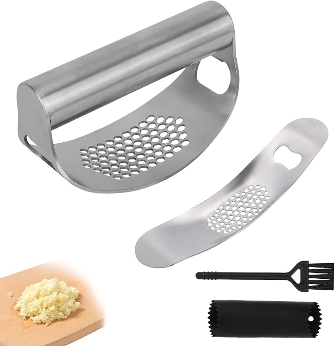 Stainless Steel Garlic Press Set, Includes 2 Stainless Steel Garlic Press Tools 1 Silicone Peeler Tube and 1 Brush Practical Kitchen Gadgets for Easy Smashing