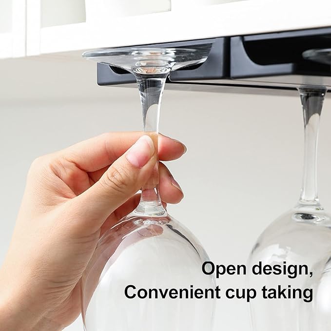 2 PCS Under Cabinet Punch-free Plastic Wine Glass Holder,No Drilling Stemware Rack Glasses Storage Hanger Hanging Stemware Rack for Bar Cabinet Kitchen,Black