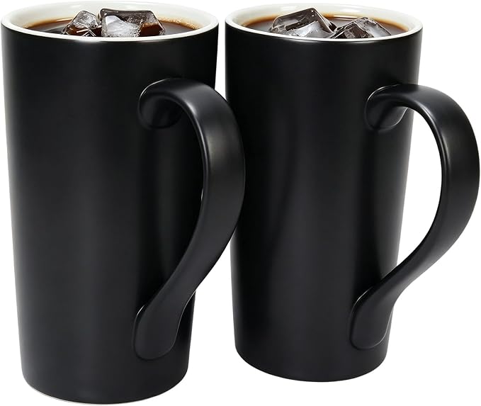 20 OZ Large Diner Coffee Mugs,Tall Beer Cups,Matte Black Couple's Cups with Handle,Oversized Cylindrical Design Modern Ceramic Tea Cup for Dad Mom Friends Gift.Set of 2