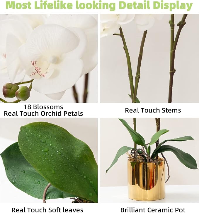 CXGS Artificial Orchid Flower Plant Real Touch Faux Orchids in Ceramic Vase White 19.7'' Fake Phalaenopsis Flower Arrangement Centerpiece Home Indoor Decor