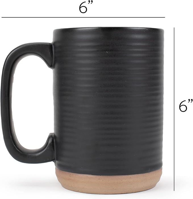 Elanze Designs Tall Ribbed Raw Clay Bottom Black 16 ounce Ceramic Coffee Mugs Set of 4