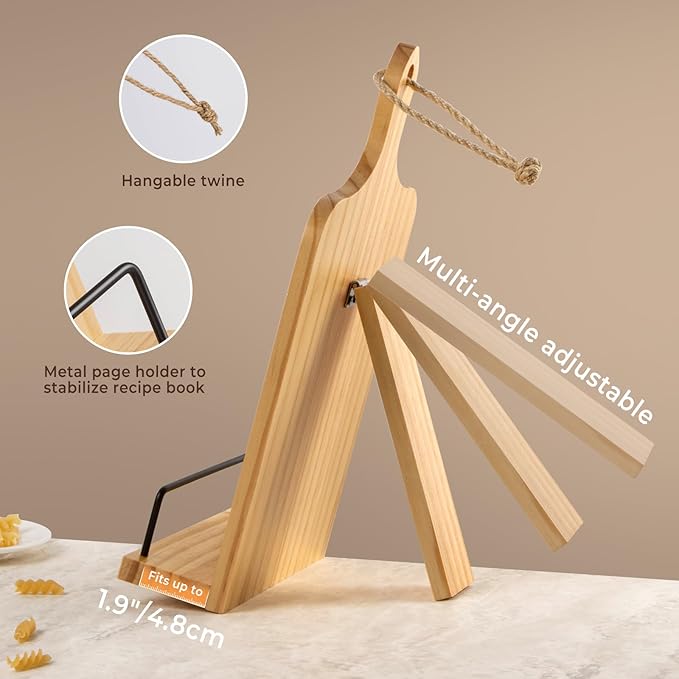 PUERSI Cookbook Stand, Kitchen Gifts for Mom, Wooden Recipe Book Holder, Happy Mothers Day Gifts, Adjustable Cook Book Stand for Kitchen Counter